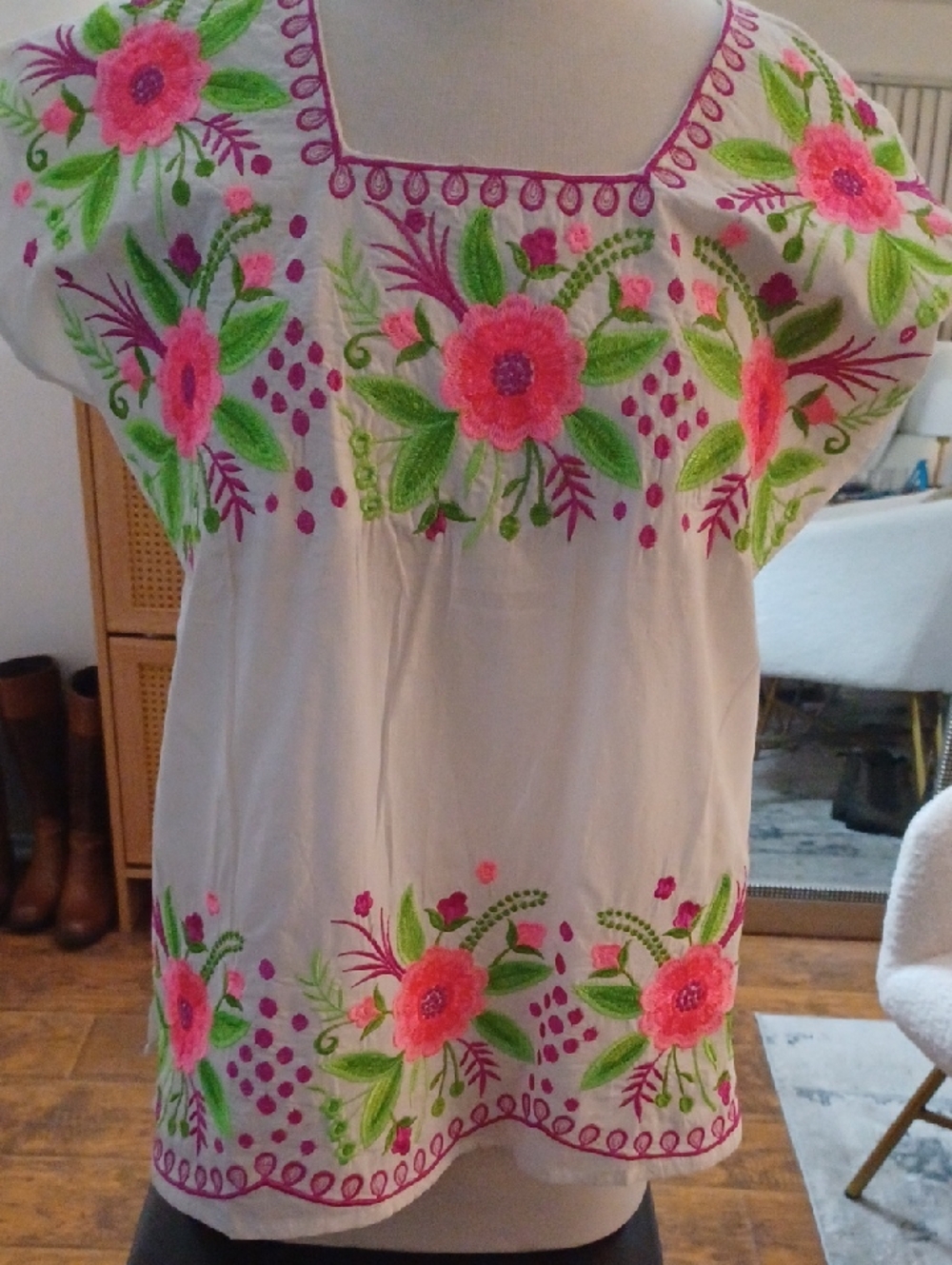 Hand-Embroidered White Floral Tunic Top by